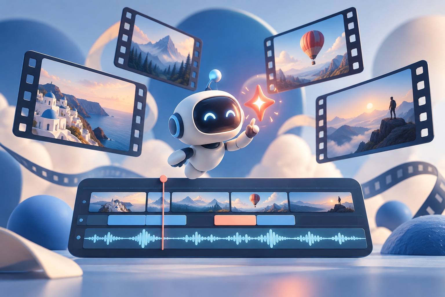 AI動画編集を表すロボット、映像フレームと音声波形の説明用イメージ