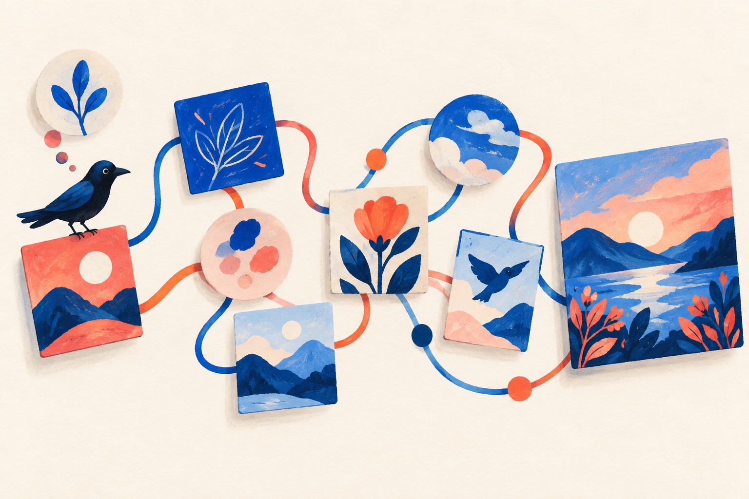 つながった絵のカードで画像生成の手順を表した生成イメージ