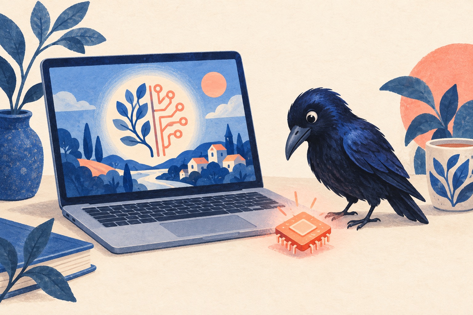 ノートパソコンと小さなカラスでローカルAIを表した生成イメージ