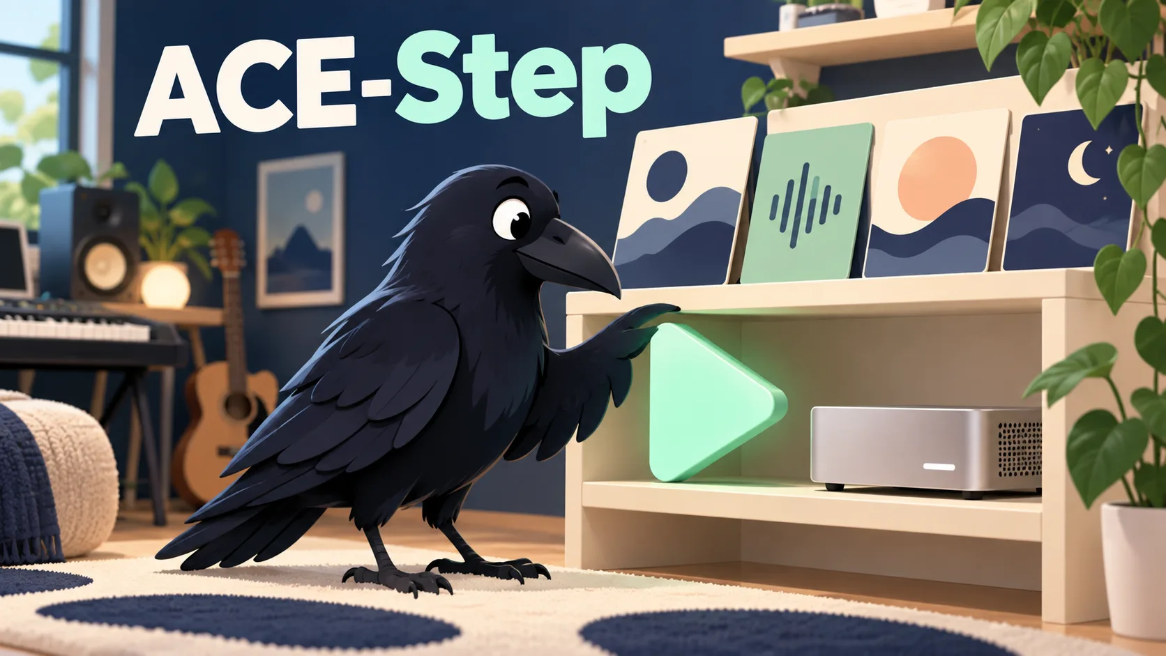 AI生成イメージ：ACE-Stepの文字と、曲カードを見るカラス