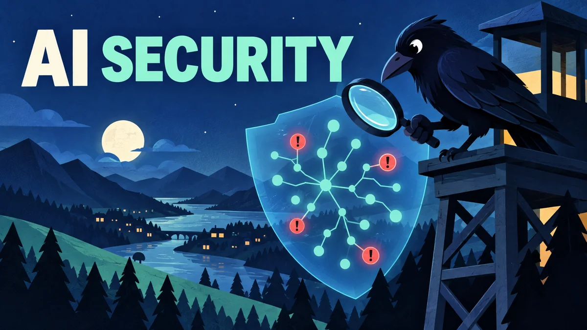 AI SECURITYの文字と、情報の流れを見守るカラスのAI生成イメージ。実際の事件を描いたものではありません。