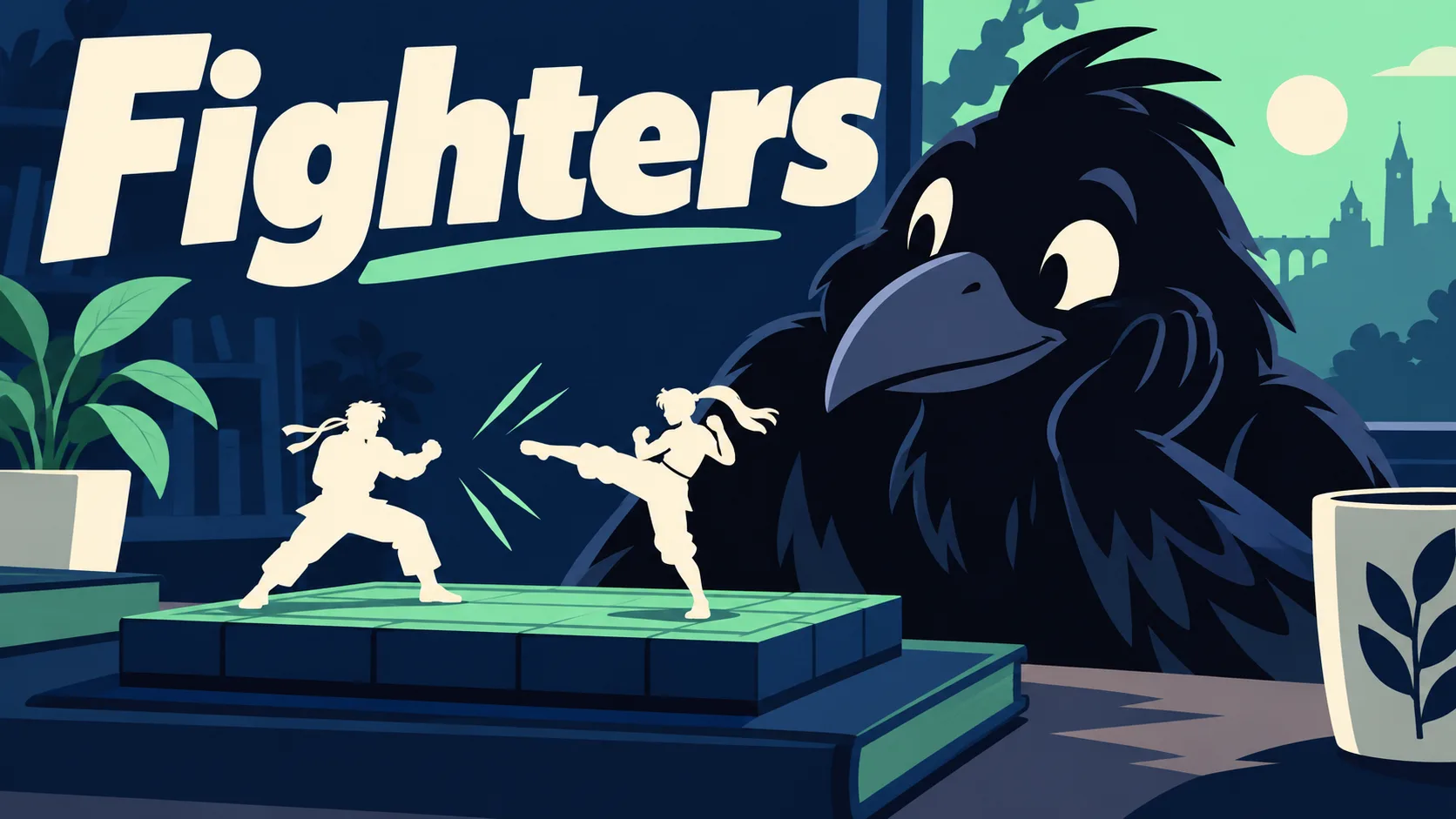 AI生成イメージ：Fightersの文字と、対戦画面の枠を見守るカラス