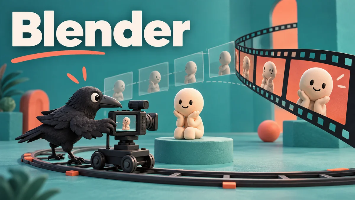 Blenderの文字と、3Dのカメラを動かして映像を設計するカラスのAI生成イメージ。実際の制作画面ではありません。