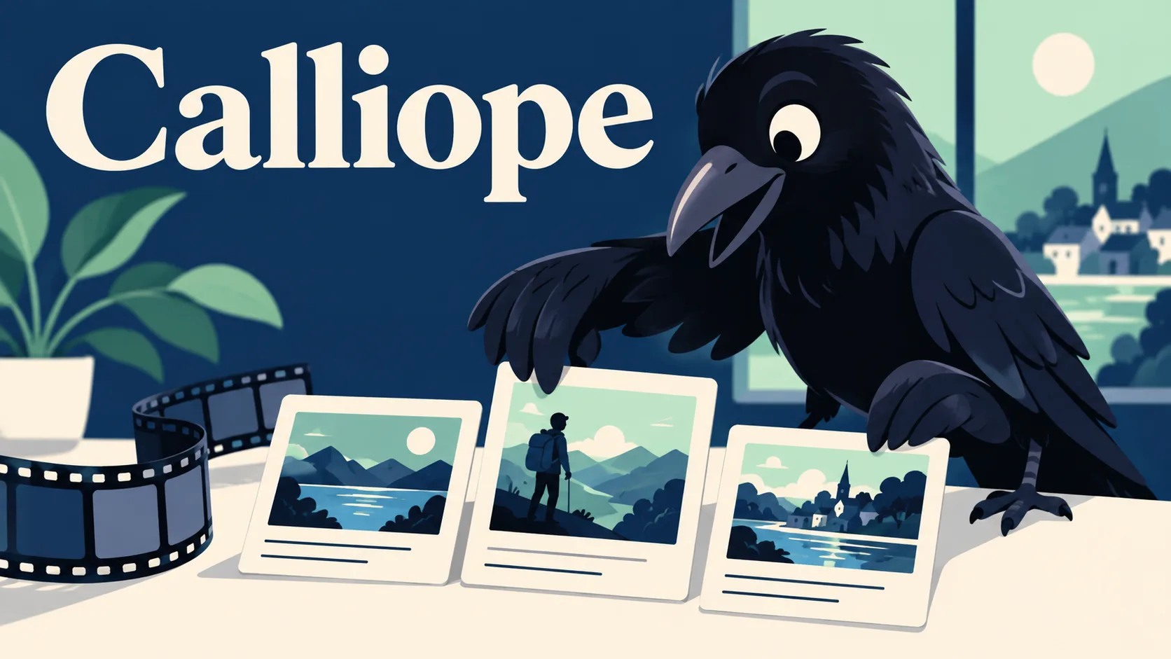 AI生成イメージ：Calliopeの文字と、クリップカードを順に並べるカラス