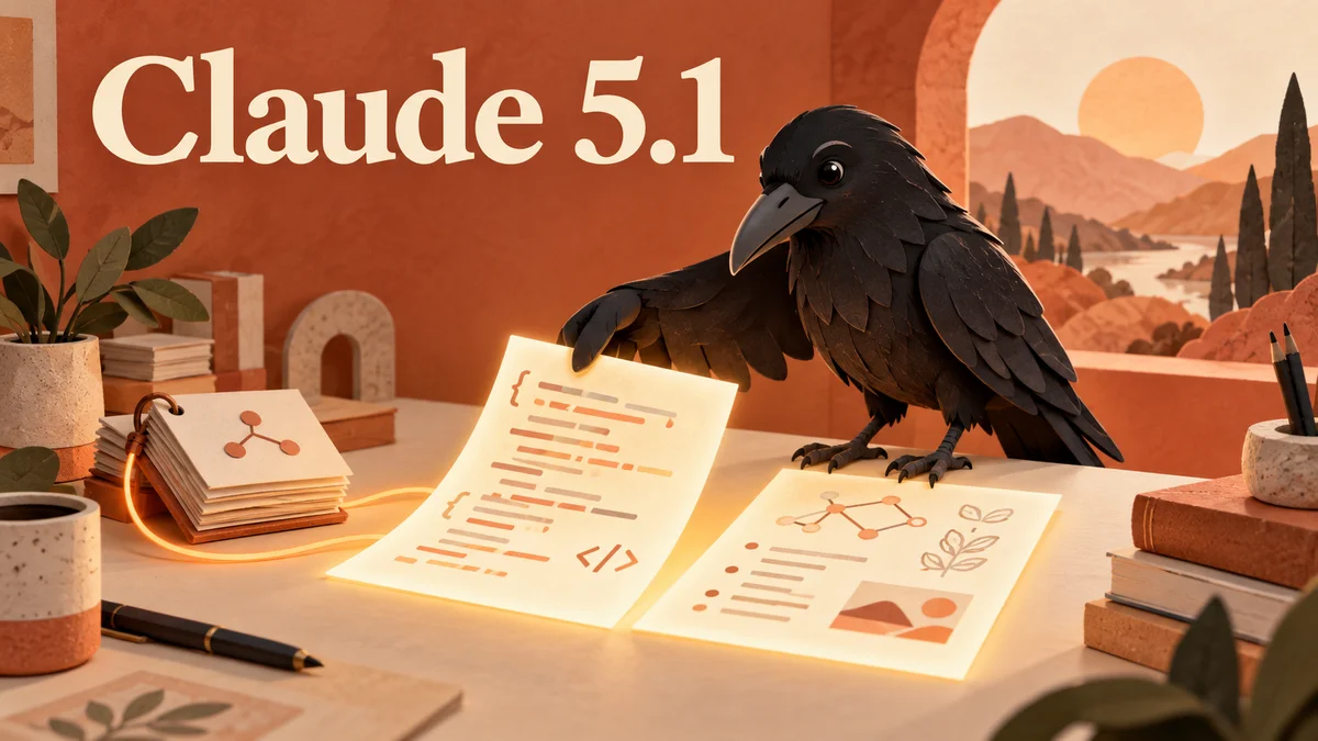 Claude 5.1の文字と、コード・資料を整理するカラスのAI生成イメージ。実際の製品画面ではありません。