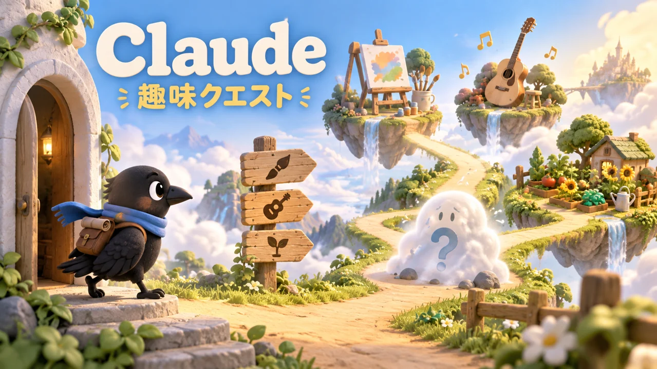 AI生成イメージ：カラスが絵や音楽や園芸へ続く道を進むClaudeによる趣味ゲーム制作の概念図
