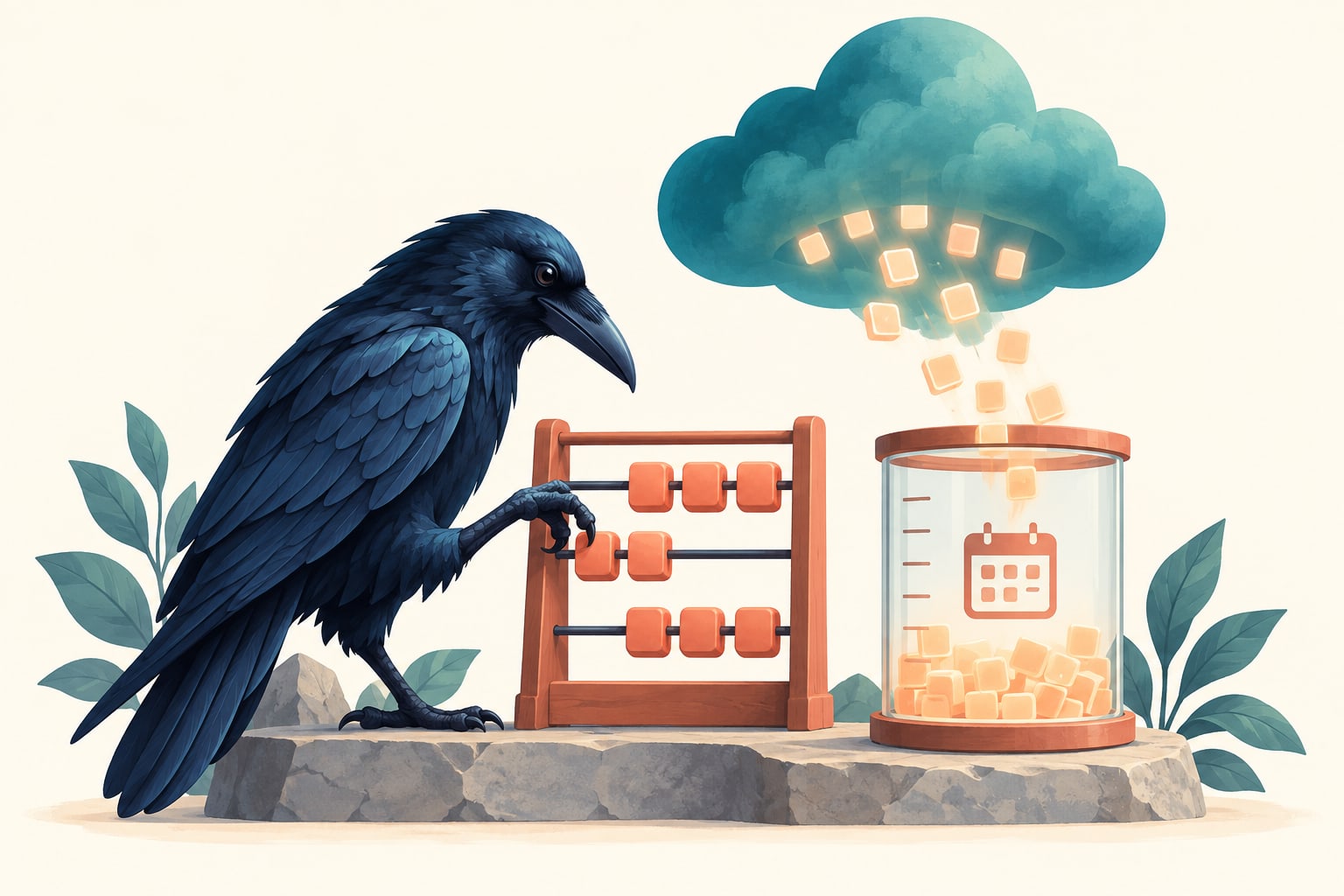 クラウドAIのトークン使用量と月間利用枠を表すカラスのAI生成イメージ。実際の料金画面ではありません。