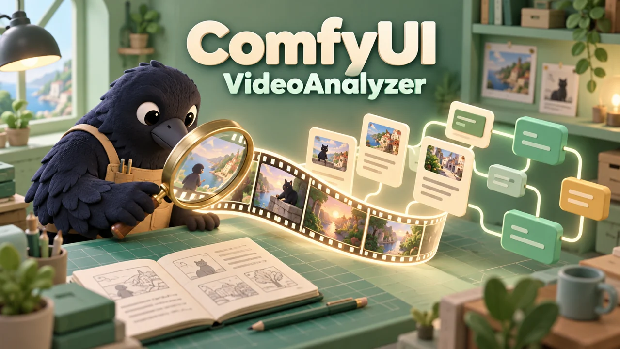 AI生成イメージ：カラスが動画フィルムを解析し、文章とノードに整理するComfyUIの概念図