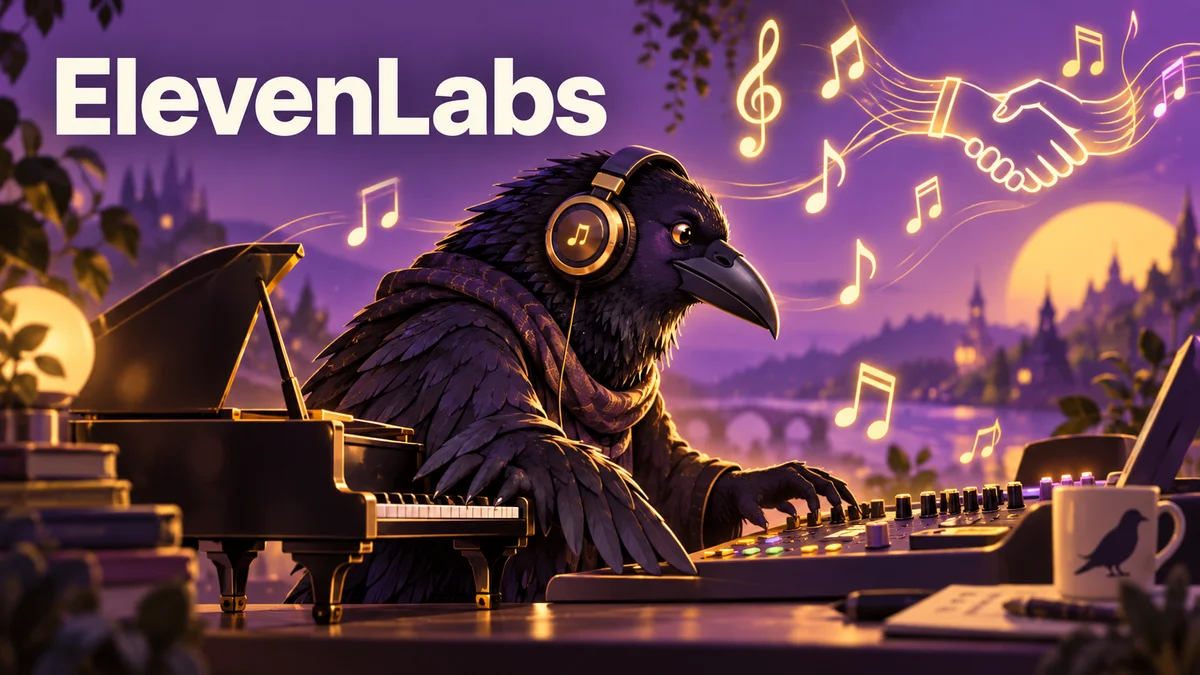 ElevenMusicをテーマにカラスを描いたAI生成イメージ。実際の製品画面ではありません。