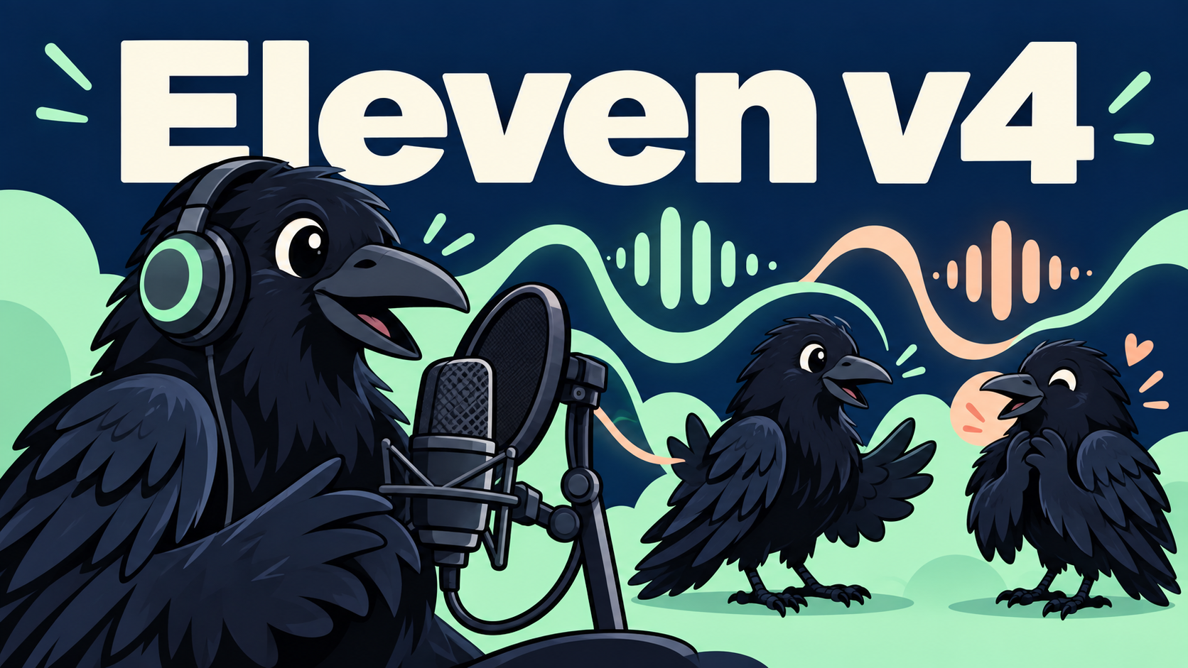 AI生成イメージ：カラスがマイクでナレーションし、二羽が音声で対話するEleven v4の説明図