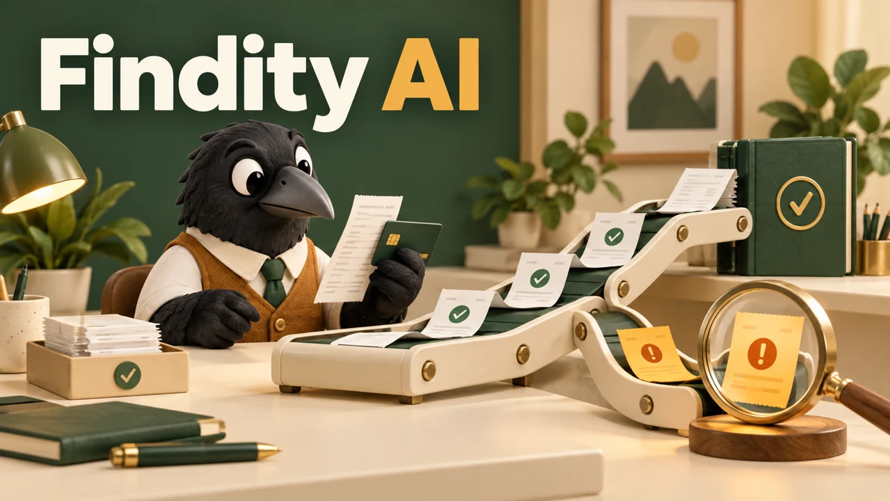 AI生成イメージ:カラスが領収書とカードを照合し、自動処理と確認用に振り分けるFindity AIの概念図
