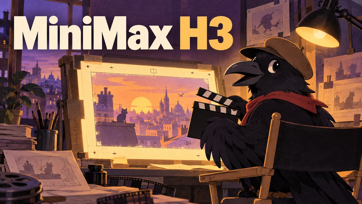 MiniMax H3の文字と、アニメ制作スタジオで監督をするカラスのAI生成イメージ。元作品ではありません。