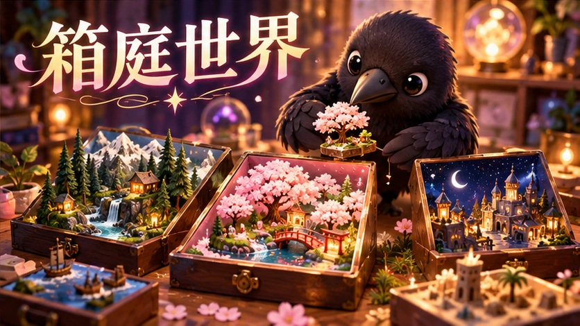 AI生成イメージ：暖色の工房で丸いカラスが桜・山・夜景の小さな箱庭を並べる