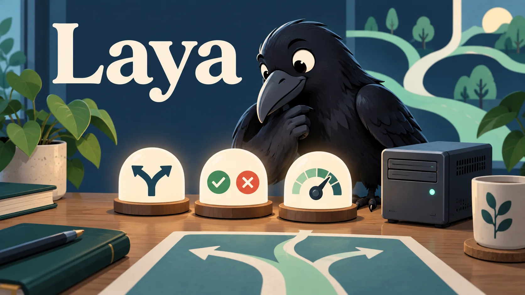 AI生成イメージ：Layaの文字と、判断ランプを見るカラス