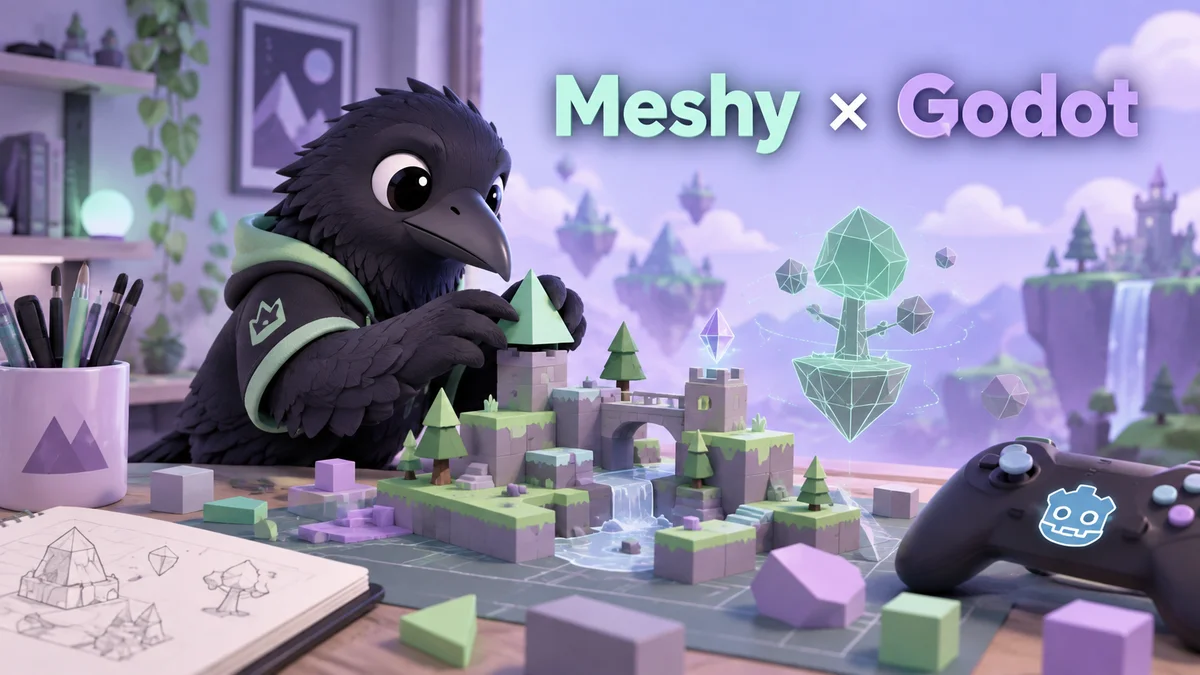 AI生成イメージ：カラスが立体のゲーム素材を組み立てるMeshyとGodotの概念図