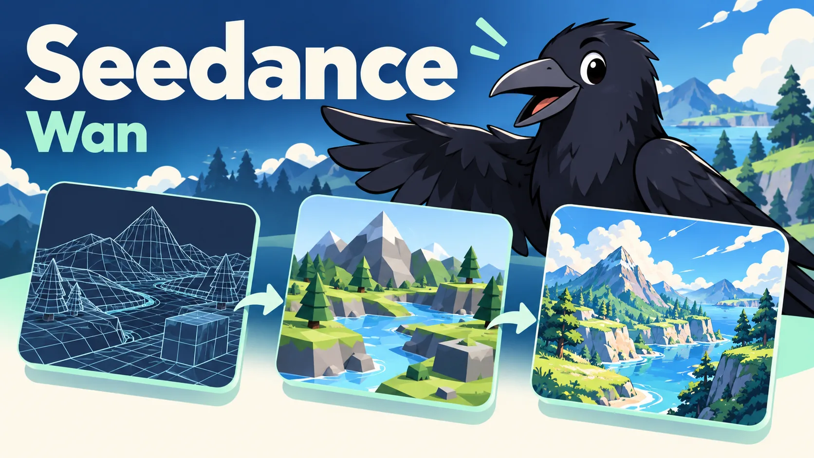 AI生成イメージ：Seedanceの文字と、三つの工程カードを並べるカラス