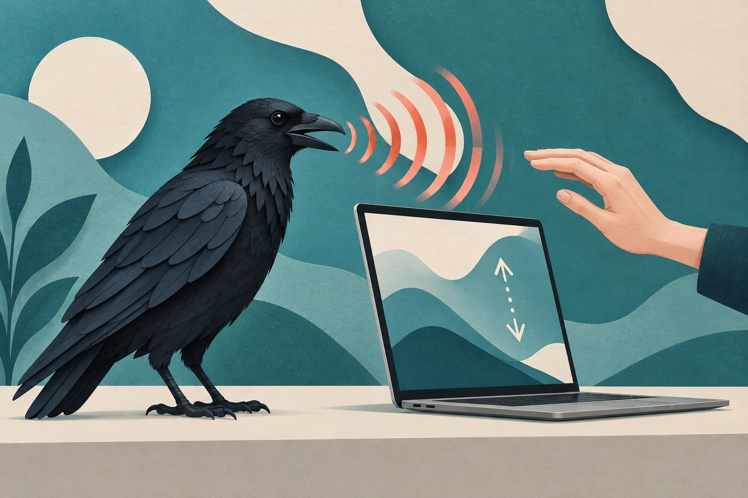 音波と手の動きでパソコンを操作する発想を描いたカラスのAI生成イメージ。実際のアプリ画面ではありません。