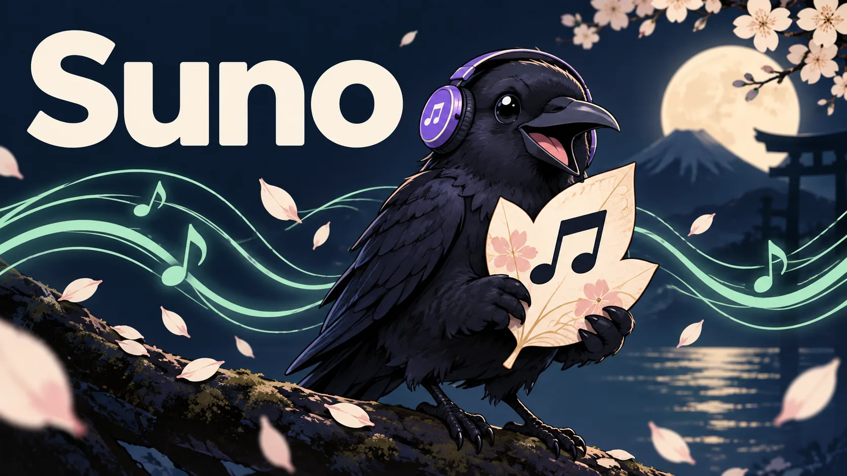 AI生成イメージ：Sunoの文字と、音符カードを持つカラス