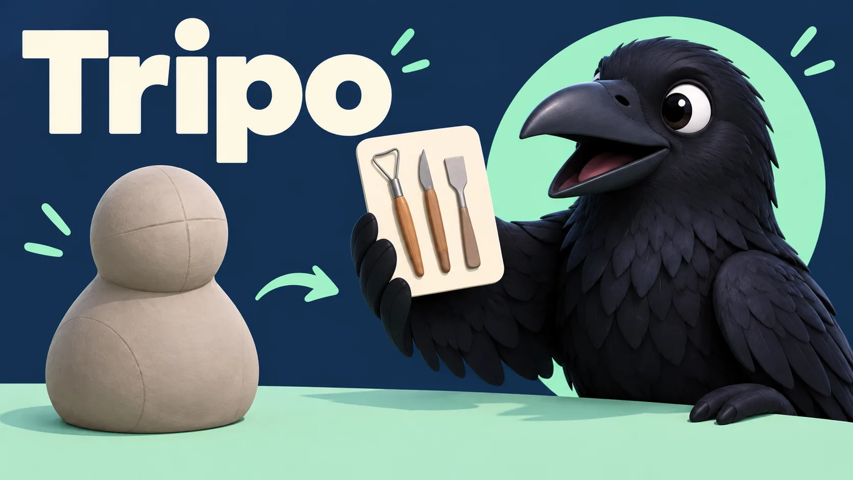 AI生成イメージ：Tripoの文字と、未完成の立体と工具を見比べるカラス
