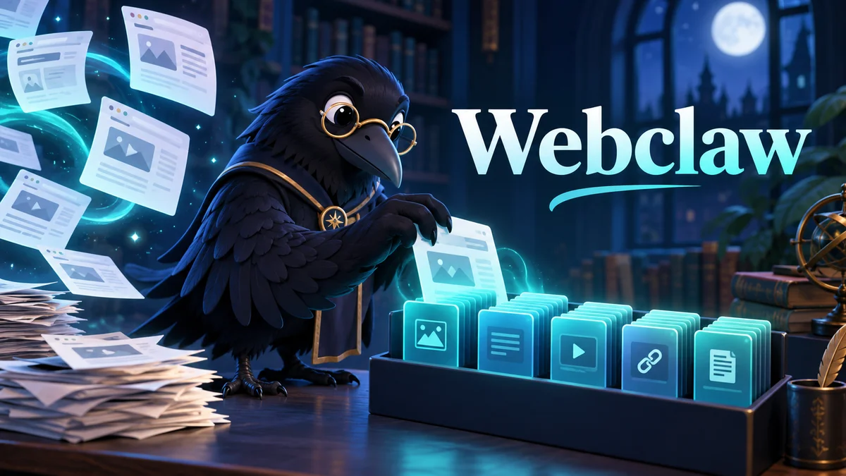 AI生成イメージ：カラスがWeb資料を整理するWebclawの概念図