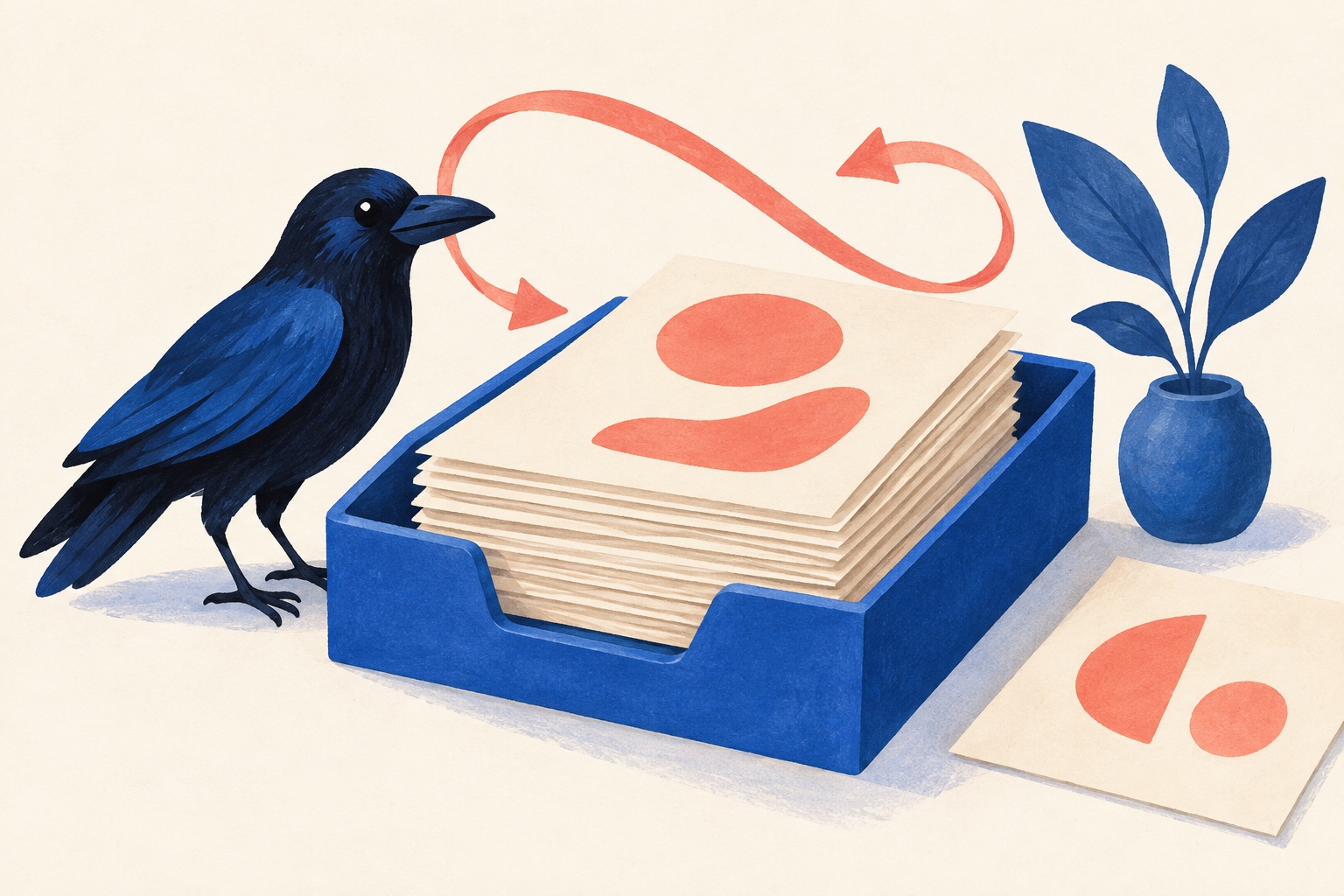 書類を再利用する流れとカラスを描いた生成イメージ